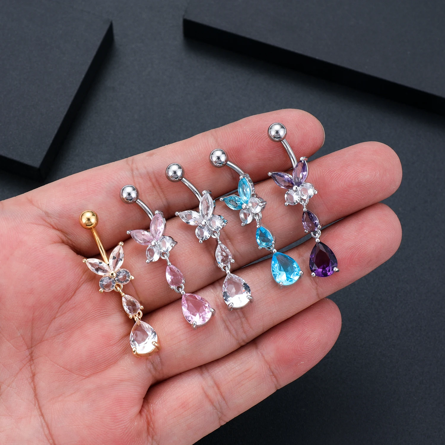 Surgical Steel Green Flower Zircon Belly Button Rings Butterfly Water Droplets Dangled Navel Ring Piercing Nombril Body Jewelry