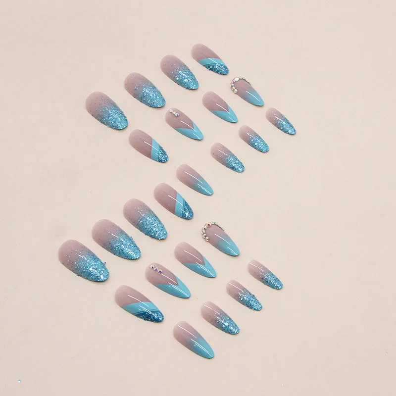 24pcs Almond Head False Nails Blue Gradient Design Fake Nails Art Full Coverage Waterproof Removable Artificial Press on Nails