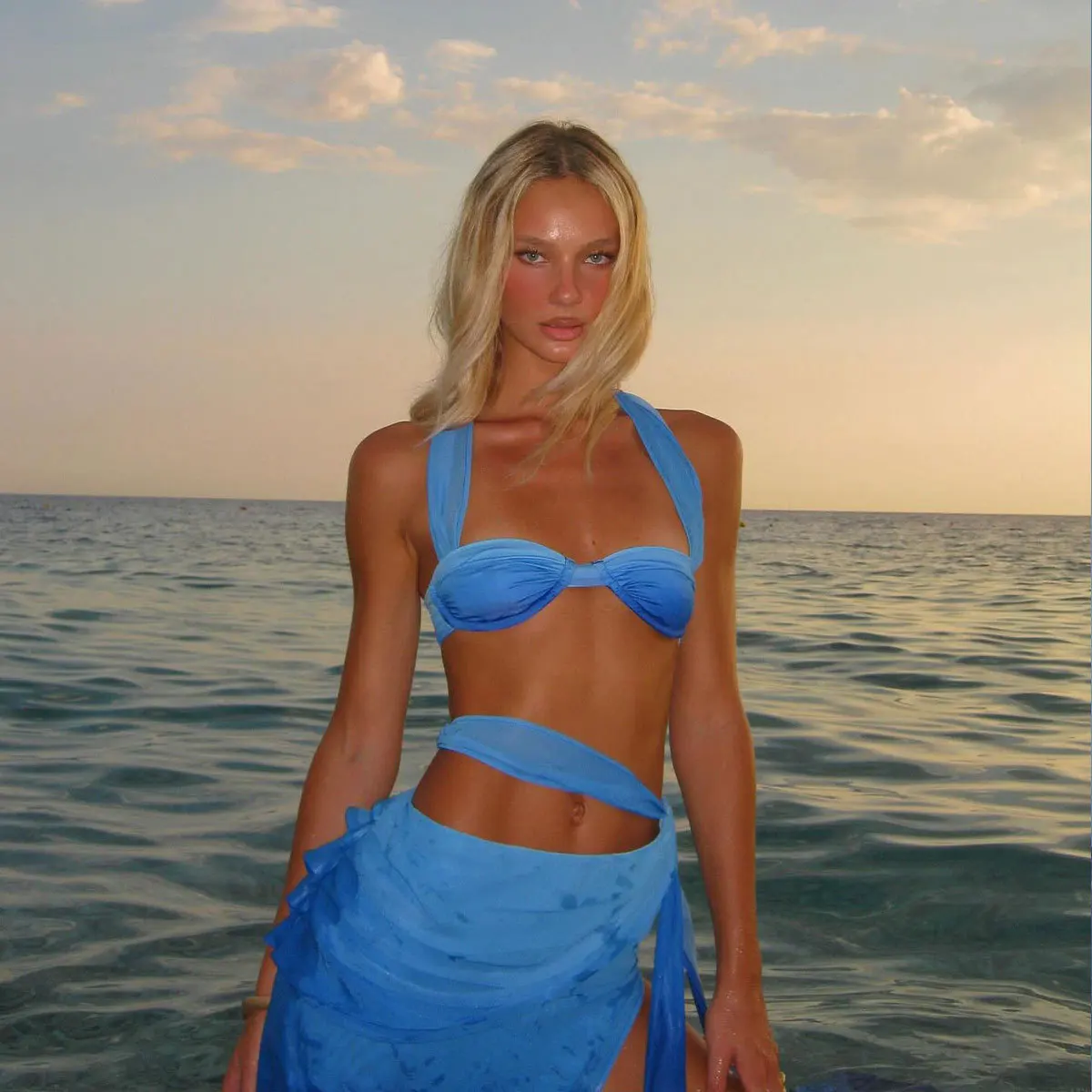 3 Pcs Women's Blue Halter Bikini Swimsuit with A-Line Skirt Brazilian Bathing Suit 2025 Summer Sexy Swimwear Female Bathing Suit