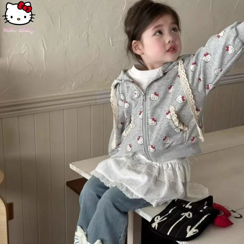 

Kawaii Cartoon Girls Jacket Hello Kitty Spring Autumn New Anime Sanrio Long-Sleeved Sweatshirt Skin Friendly Soft Breathable