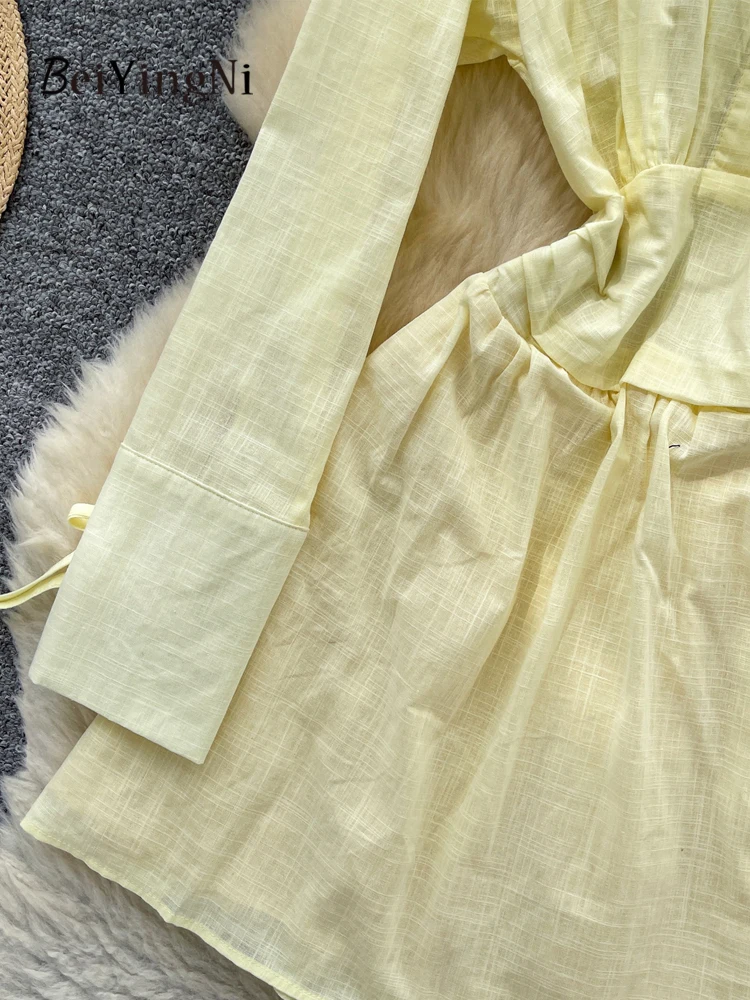 Beiyingni Abito camicia da donna Primavera Autunno Moda Bottoni a maniche lunghe A-line Mini Abiti Abiti femminili coreani in vita elastica