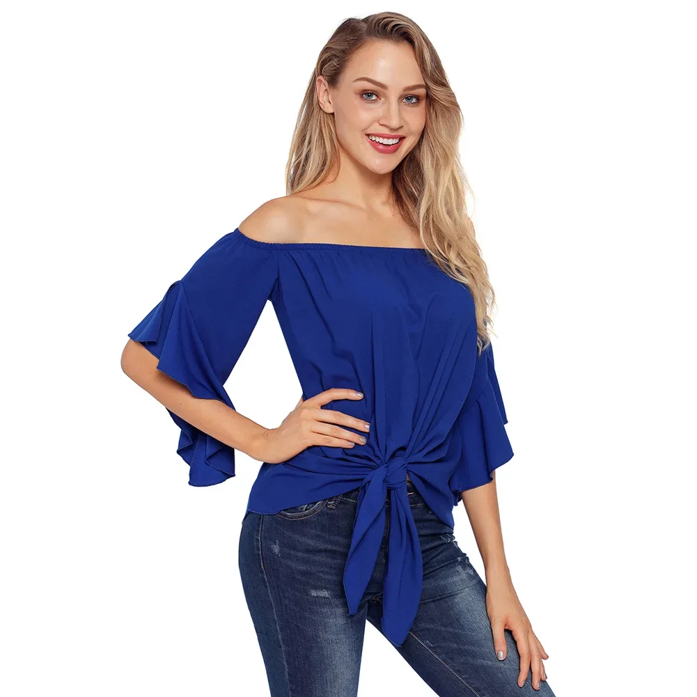 Women Sexy Blue T-shirt Tube Top Women Strapless Backless Autumn Tshirt Female Long Sleeve Off Shoulder Casual Loose Tee Shirt