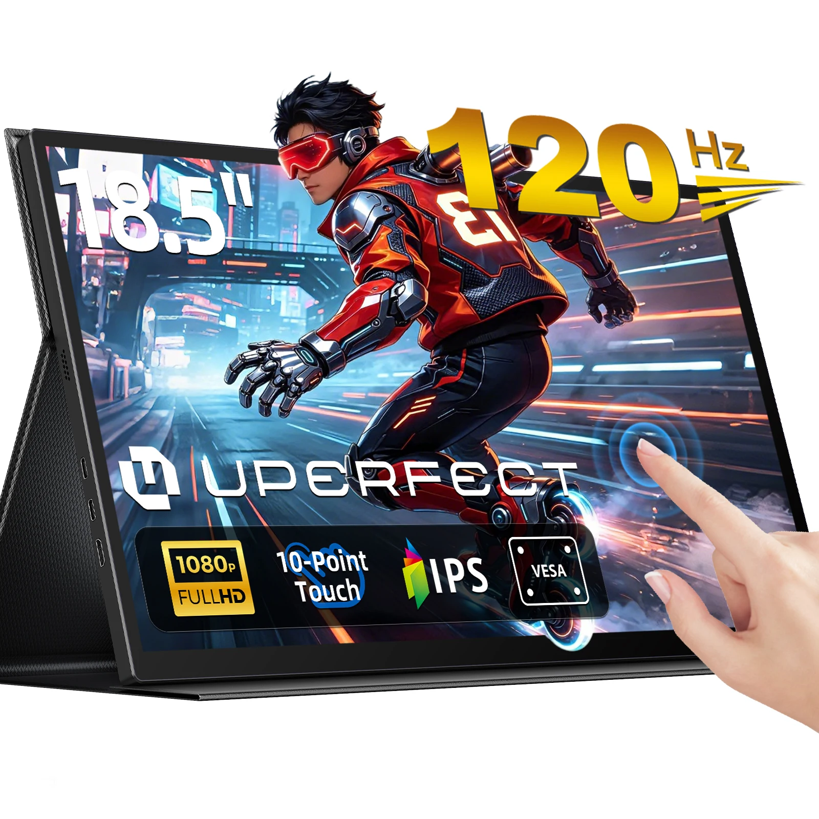 UPERFECT 18,5-Zoll tragbarer Monitor mit Touchscreen, 120 Hz Gaming-Display, 300 Nits, 1080P FHD IPS, 100 % sRGB, VESA & Smart Case, USB-C & MINI HDMI, Reise-Touchscreen mit 10 Berührungspunkten für