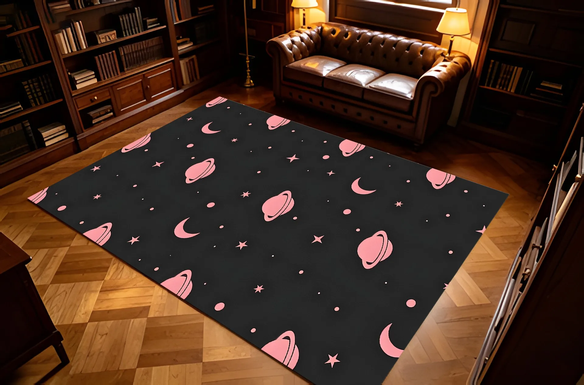 Pink and Black Star, Moon, and Planet Print, Sweet and Cool Instagram Style, Romantic and Suitable for Holidays, Bedroom, Bedside, Children's Room, Walk-In Closet, Can Be Used to Create a Playful and Dreamy Girly Soft Furnishing Velvet Rug