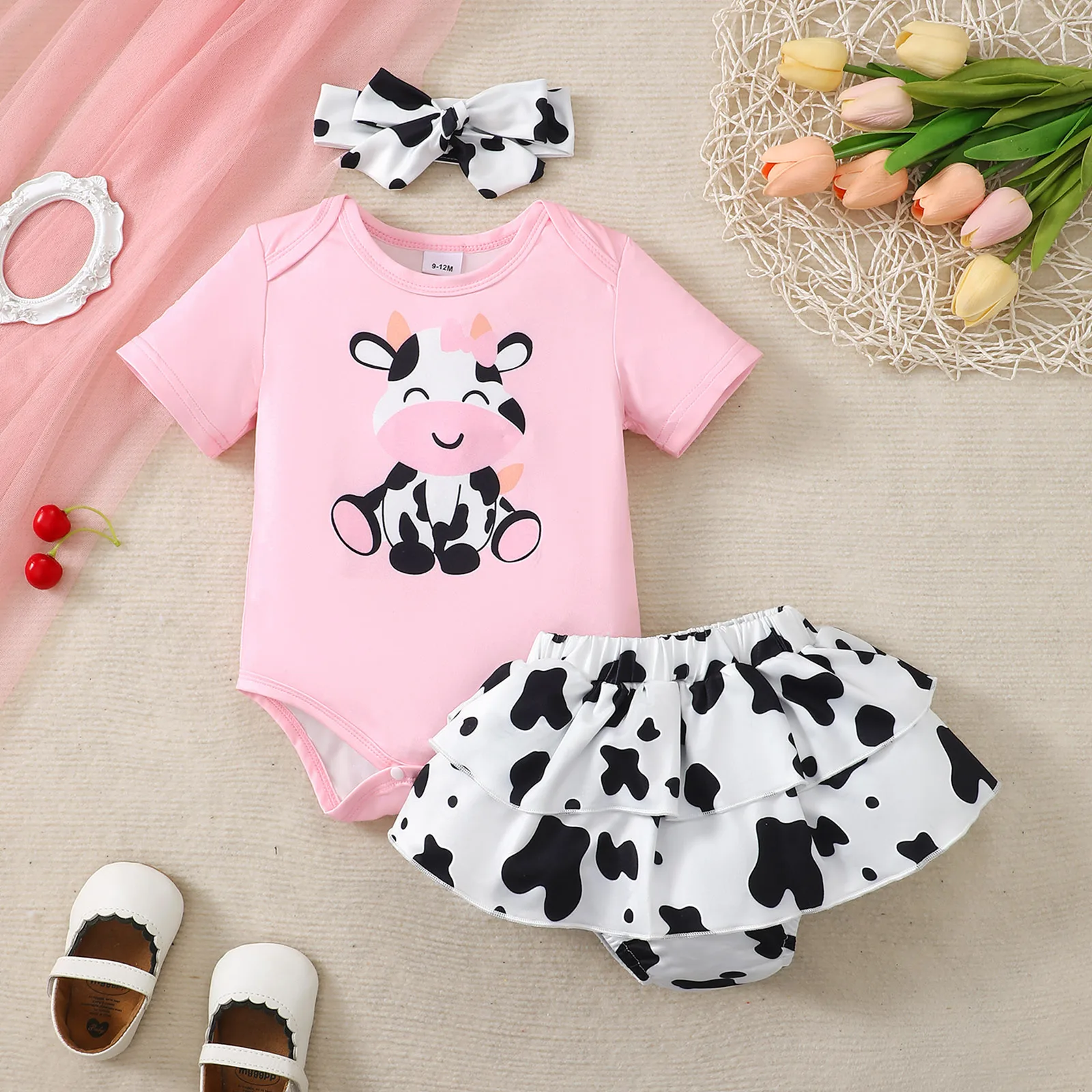 0-18 Months Newborn Baby Girl 3Pcs/Set Cartoon Cute Little Cow Short Sleeved+Skirt+Headband Set Baby Girl Summer Clothing