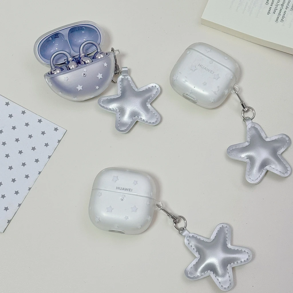 Fashion Semi-Transparent Matte With Silver Stars Pendant Protect Earphone Cover Case for Huawei FreeBuds 7i SE3 SE2 FreeClip 2
