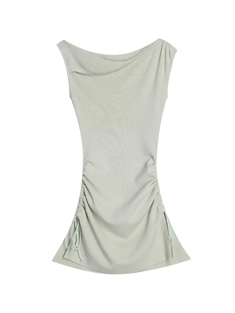 Vestido Sexy elegante de manga corta con hombros descubiertos para mujer, vestidos ajustados plisados de estilo francés picante para verano 2025