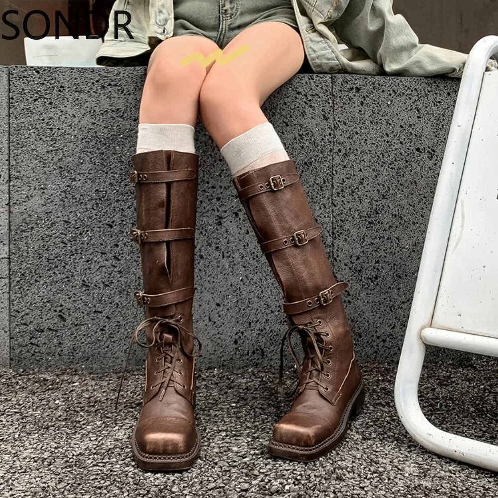 

Womens Knee Thigh Ankle Boots Genuine Leather Cowleather Square Toe Belt Buckle Chunky Heel Shoes Western Cowboy Retro New 2024