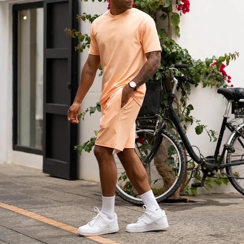 Casual Pure Color Men's Two Piece Sets Summer Fashion O Neck Short Sleeve T Shirts And Shorts Suits Men Clothing Leisure Outfits