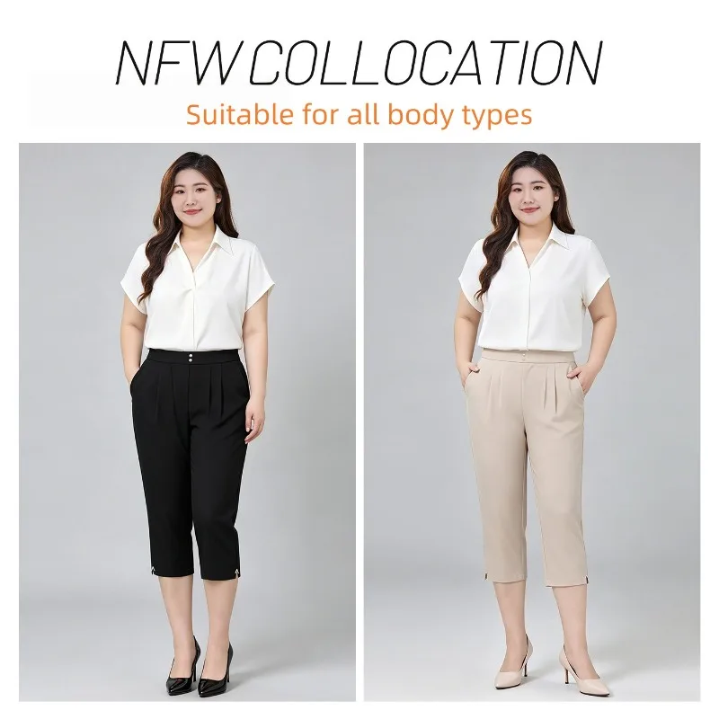 Summer Girls Capri Shorts Thin Black khaki High Waisted Plus Size 7XL 6XL 5XL Woman Office Lady Female Slim Fit Cropped Trousers view 2