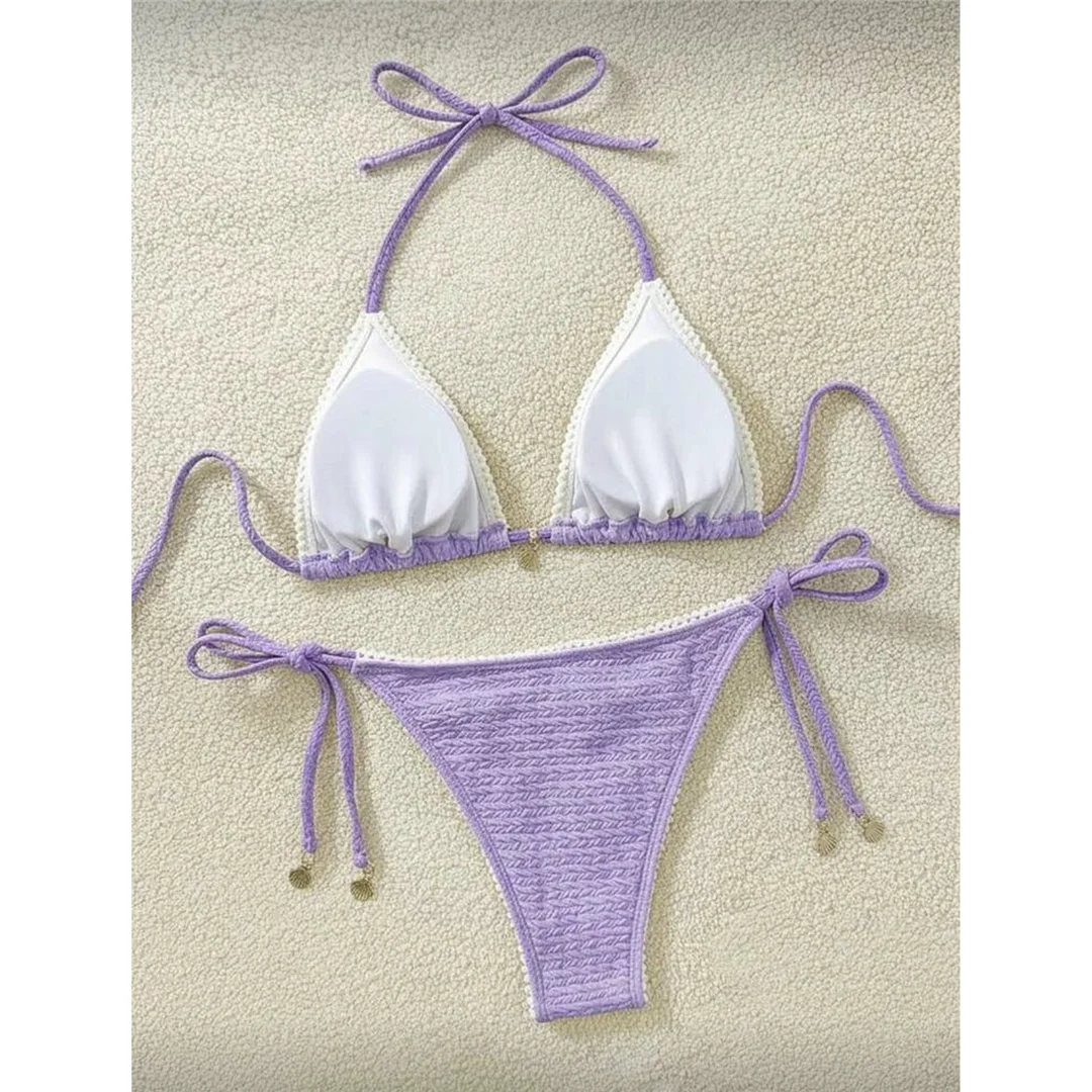Zweiteiliges Bikini-Set mit hoch geschnittenen Beinen, Badeanzug, Badebekleidung, geraffter, knitteriger Halter-Bikini, Damen-Badebekleidung, Damen-Badeanzug M125 – Detail 8