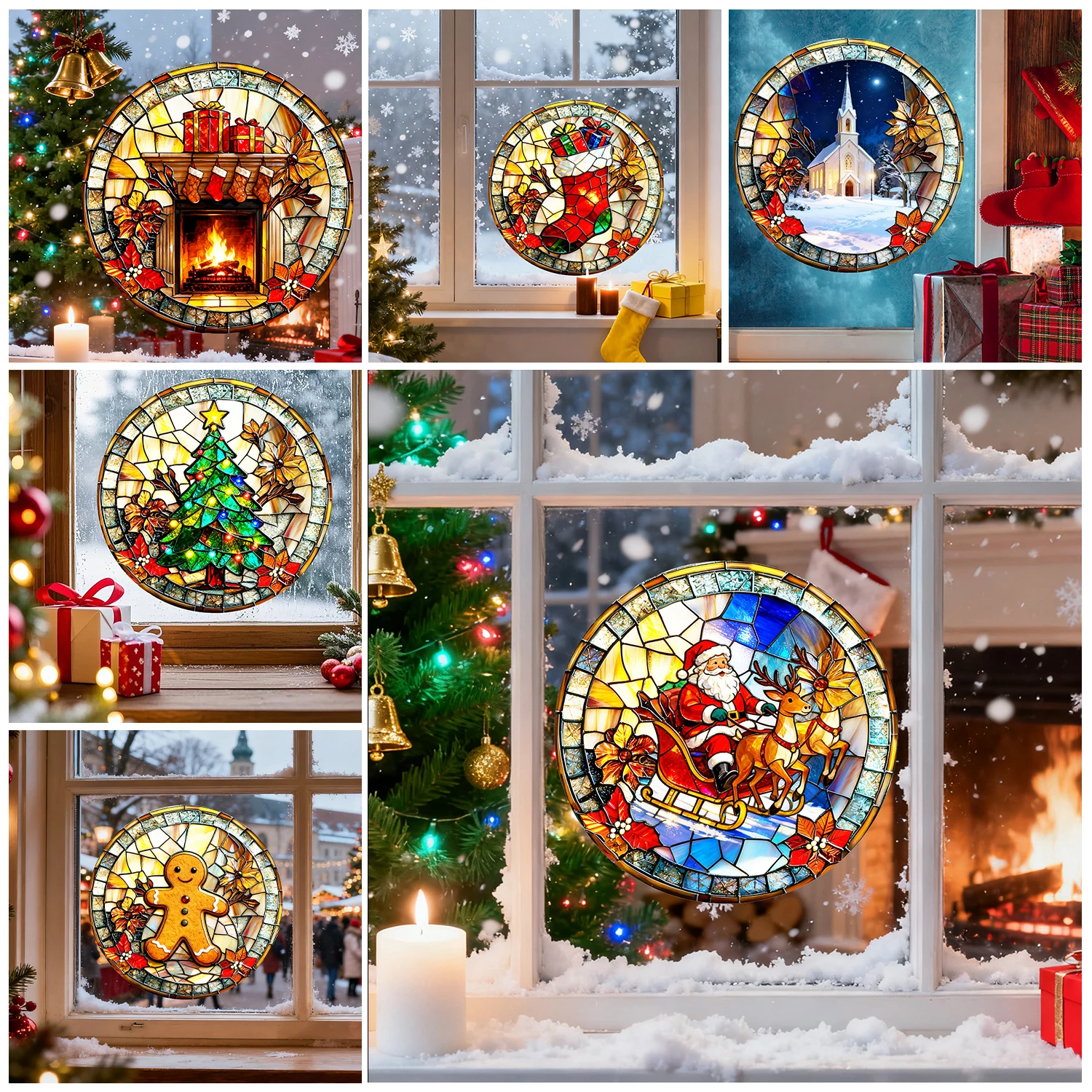 Christmas Trees Snowman Wall Sticker Suncatch Rainbow Window Privacy Film Glass Static Cling Film Decor UV Festival Decoration