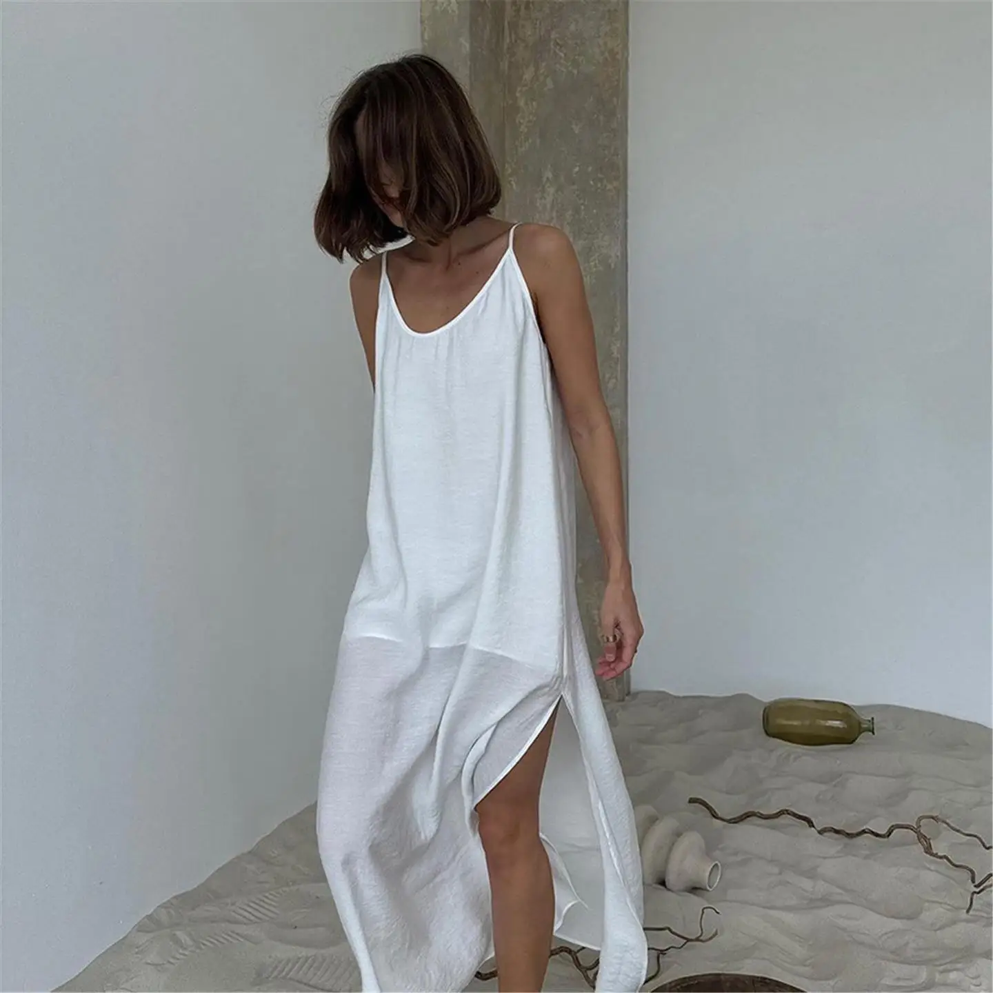 

White Casual Home Dr for Women Loose ort Susp Summer Comfortable Breathable Long Svel Gown with Open Ne