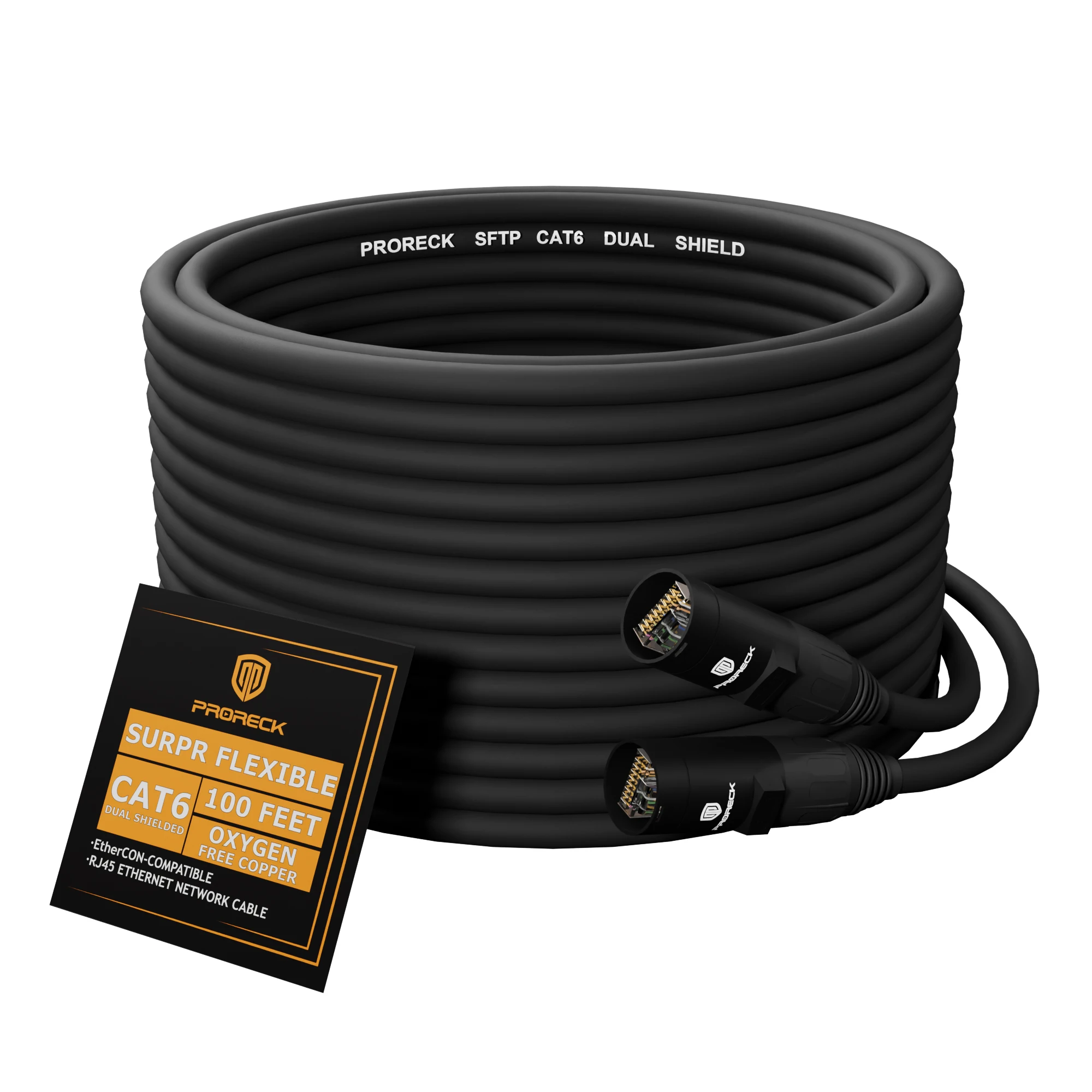 PRORECK SFTP CAT6 Dual Shielded Ethernet Cable with EtherCON RJ45 Connectors,100ft, High-Speed, Ideal for Pro Sound Systems