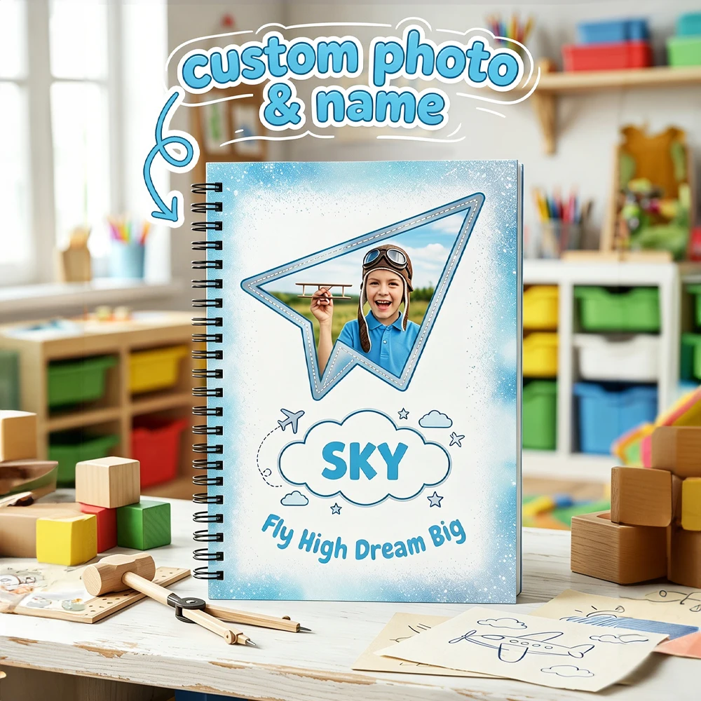 1pc Custom Photo & Name Spiral Notebook,Airplane Cloud Themed Cover,Kids Birthday Gift,School Writing Journal,Home Note Taking