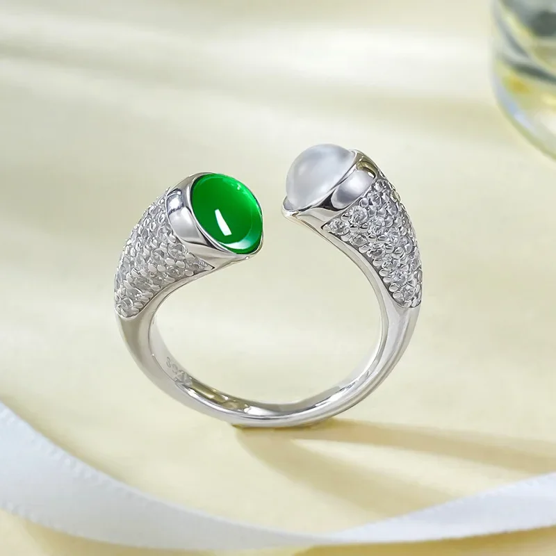 

New New S925 Silver Ring Set with High Ice Green Jade Chalcedony Personalized Round Egg Face 6MM Agate Ring Wedding Jewelry