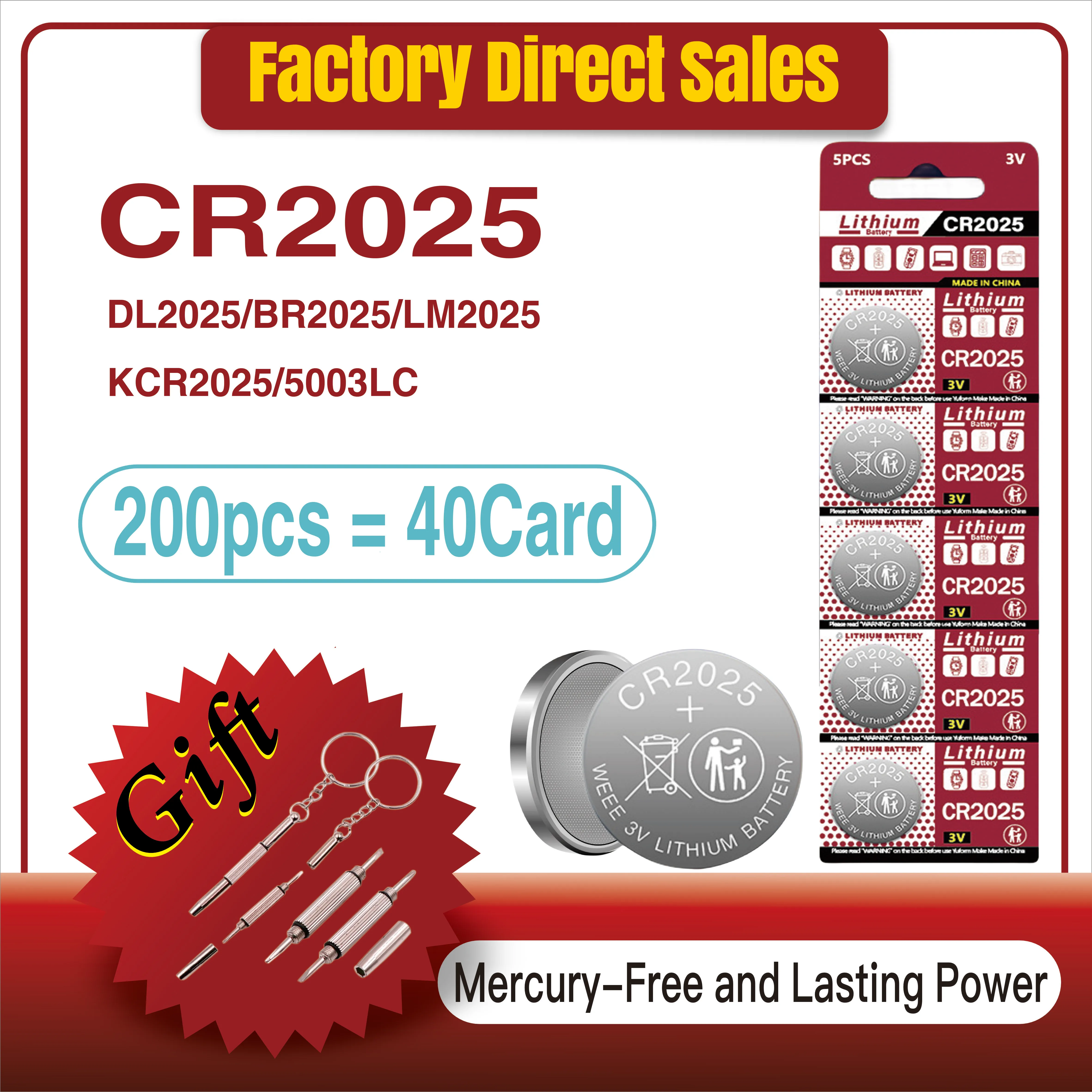 

200PCS 3V CR2025 Lithium Button Battery DL2025 BR2025 5003LC LM2025 CR 2025 Coin Cell Watch Batteries for Toys Clock Computer