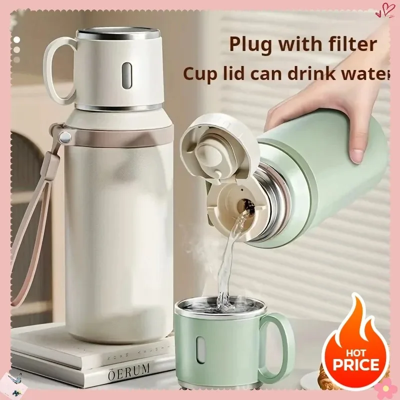 

Чашка-термос из нержавеющей стали, 600 мл, 24 часа, изоляционная бутылка для воды с чашкой, портативный ручной стакан для кемпинга, пешего туризма