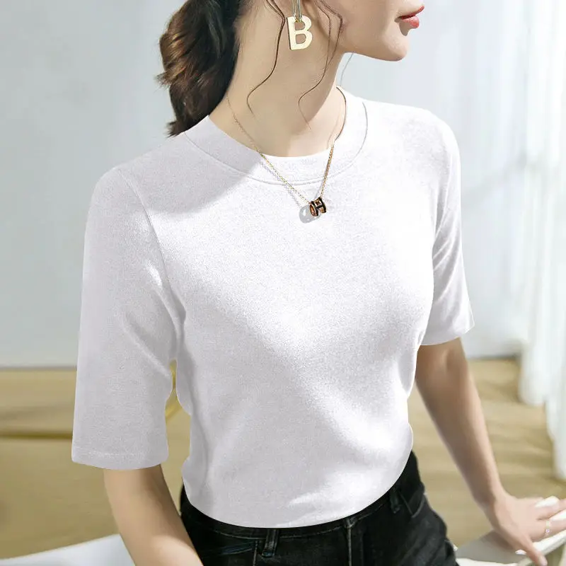 Women\'s Summer Fashion Simplicity Solid Color O-neck Short Sleeve T-Shirt Women Clothes Office Lady All-match Slim Tops