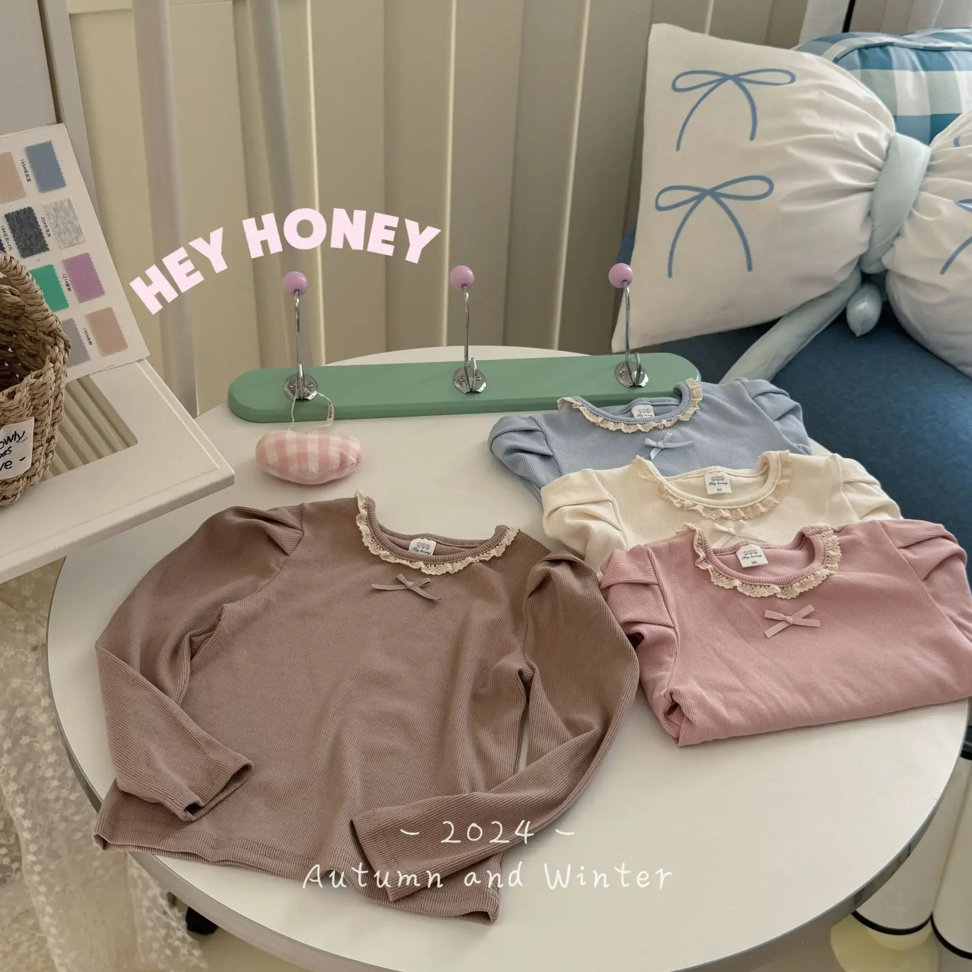 Undershirt New Girl Long Sleeves T-shirt Children Fresh Flower Edge Tops Solid Color Korean Simple Fahsion 2024 Sweet