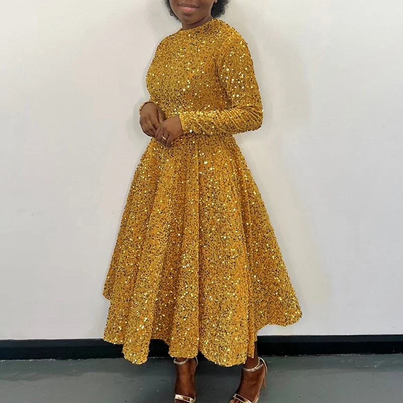 

Long African Sequin Glitter Dress Sexy Long Sleeve O neck Robe Femme Daily Evening Party Dress Dashiki African Dresses for Women