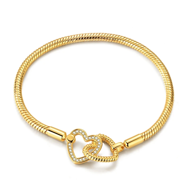 Original Armband aus 925er Sterlingsilber, Charm-Armband, 17–20 cm, goldenes Herz, Liebes-Schlüssel-Kleeblatt-Armband, Armreif, Damenschmuck, Geschenk