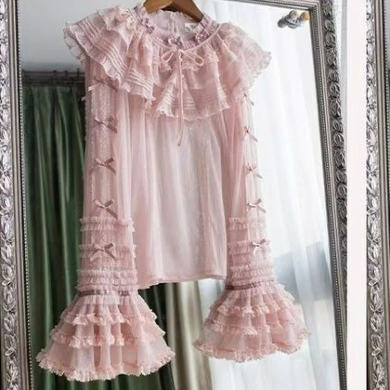 Japanische Kawaii Sweet Lolita Blusen für Damen, Harajuku Feen-Rüschen, Schleifen, ausgestellte Ärmel, Y2K Ästhetik Blusas Mujer Tops