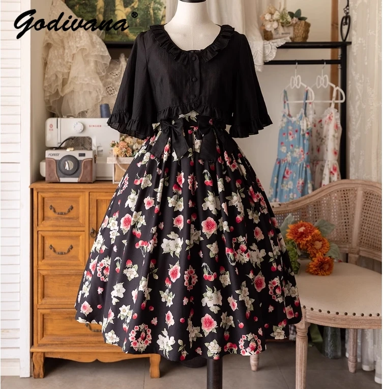 2024 New Spring and Summer Retro CLA JSK Sleeveless Dress Lolita Girl Women's Floral Sling Dress Short Cardigan Shirt Sets