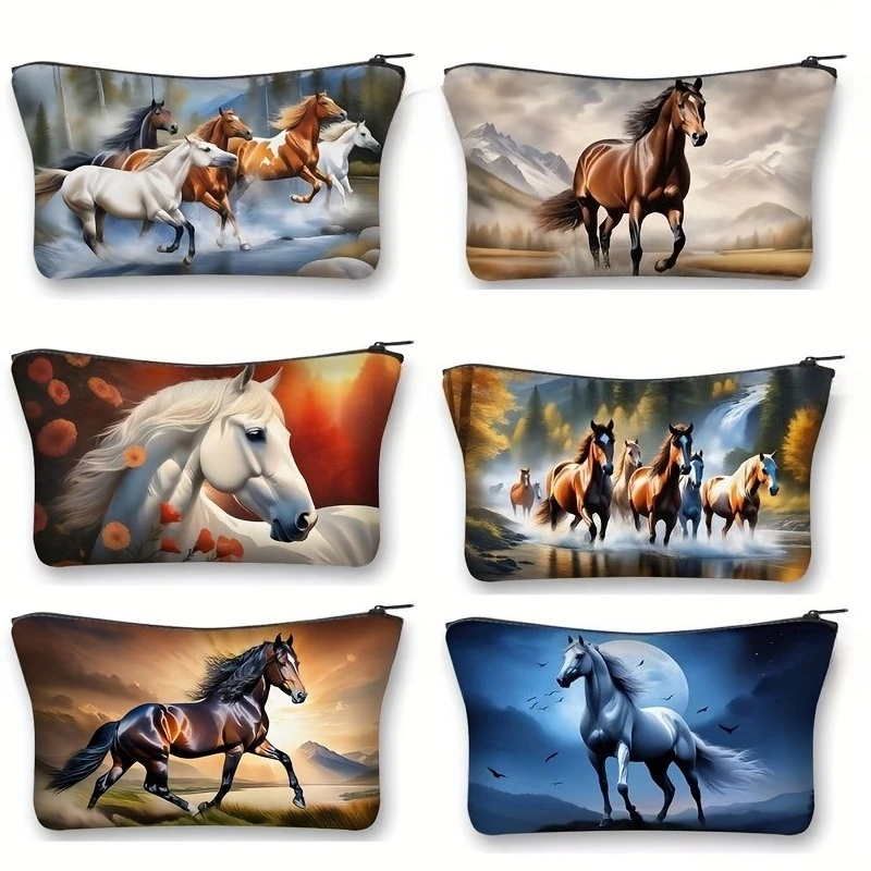 Elegante Make-up-Taschen mit Pferdemuster, Polyester, Kosmetik-Organizer, Beutel für Damen, Reiseutensilien, Münzgeldbörse