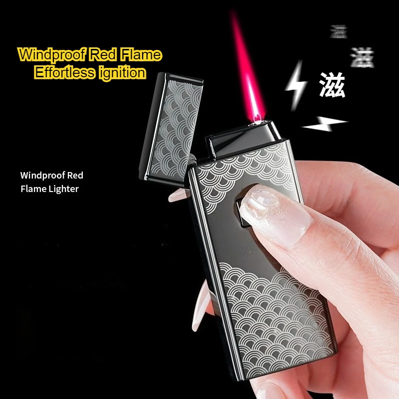 New Fashion Portable Button Metal Inflatable Lighter Mini Compact Outdoor Strong Windproof Red Flame Lighter Men's Gift