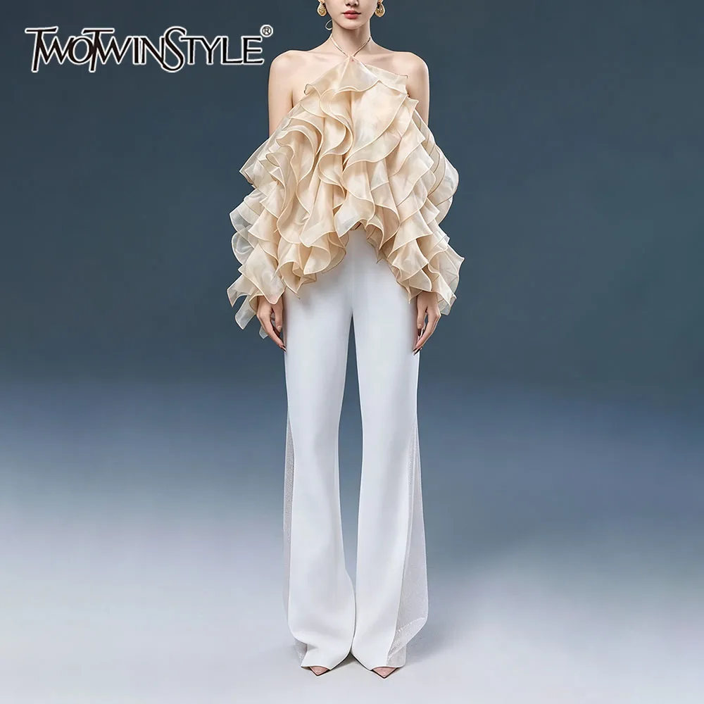 TWOTWINSTYLE Beige Blouse for Women Halter Neck Tiered Ruffle Organza Backless Tie Strap Off Shoulder for Evening Party Wedding
