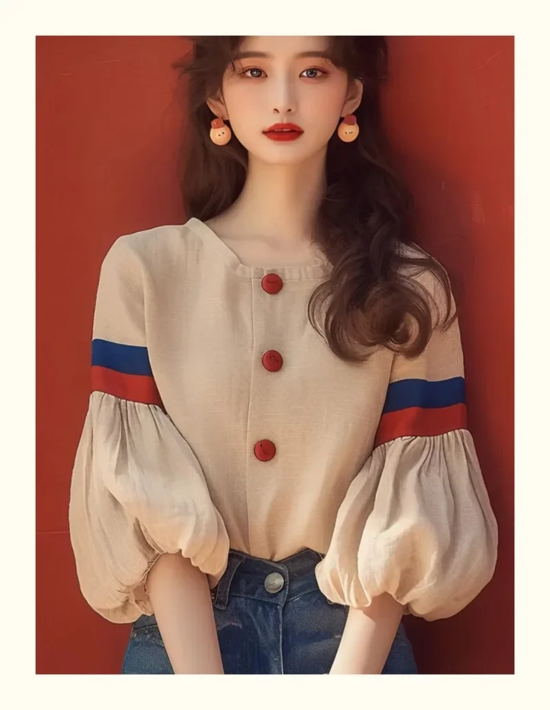 Chiffon Vintage Women\'s Shirt Spring/summer New Patchwork Korean Clothing Sales Loose Long Sleeves Top Fashion Women Blouses