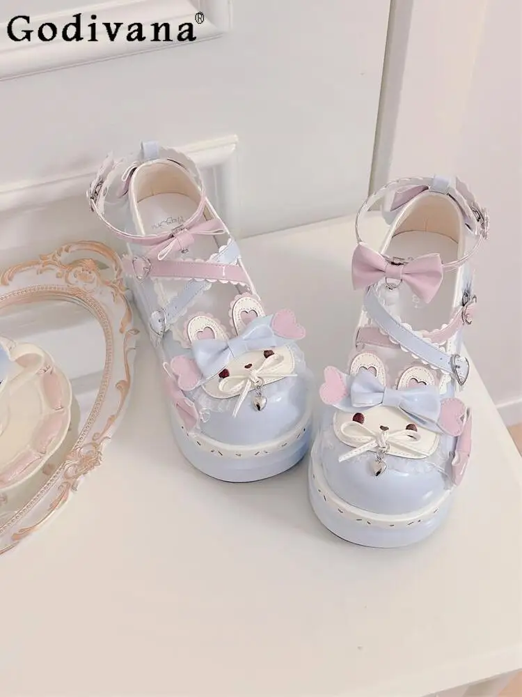 

Original lolita sweet girl bow women's shoes cartoon rabbit thick sole heightening single shoes jk uniform high heels lady shoe