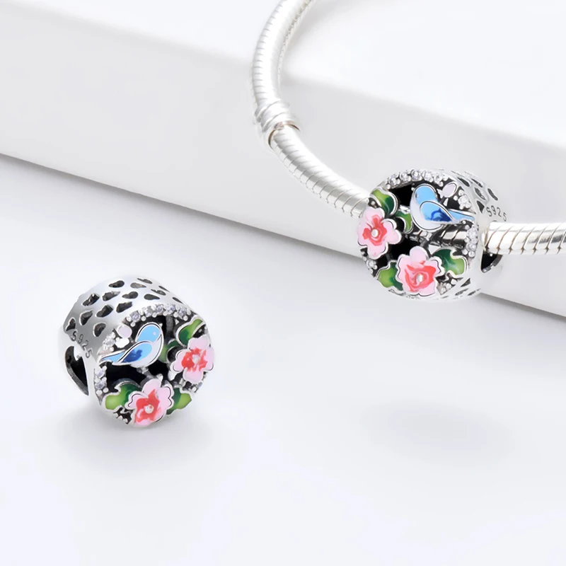 PANQDIY 925 Sterling Silver Birdsong And Flower Fragrance Bracelet Charm Beads For Original Bracelet Diy Jewelry Making KF035