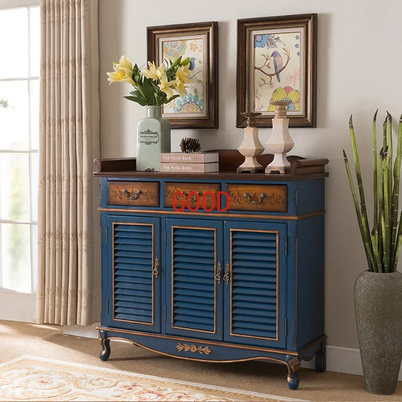Shoe Cabinet Retro Distressed Blue Blinds Breathable Shoe Rack Large Capacity Locker