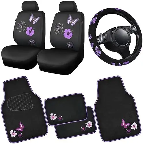 

CAR PASS Black & Purple Car Seat Covers & Floor Mats Set