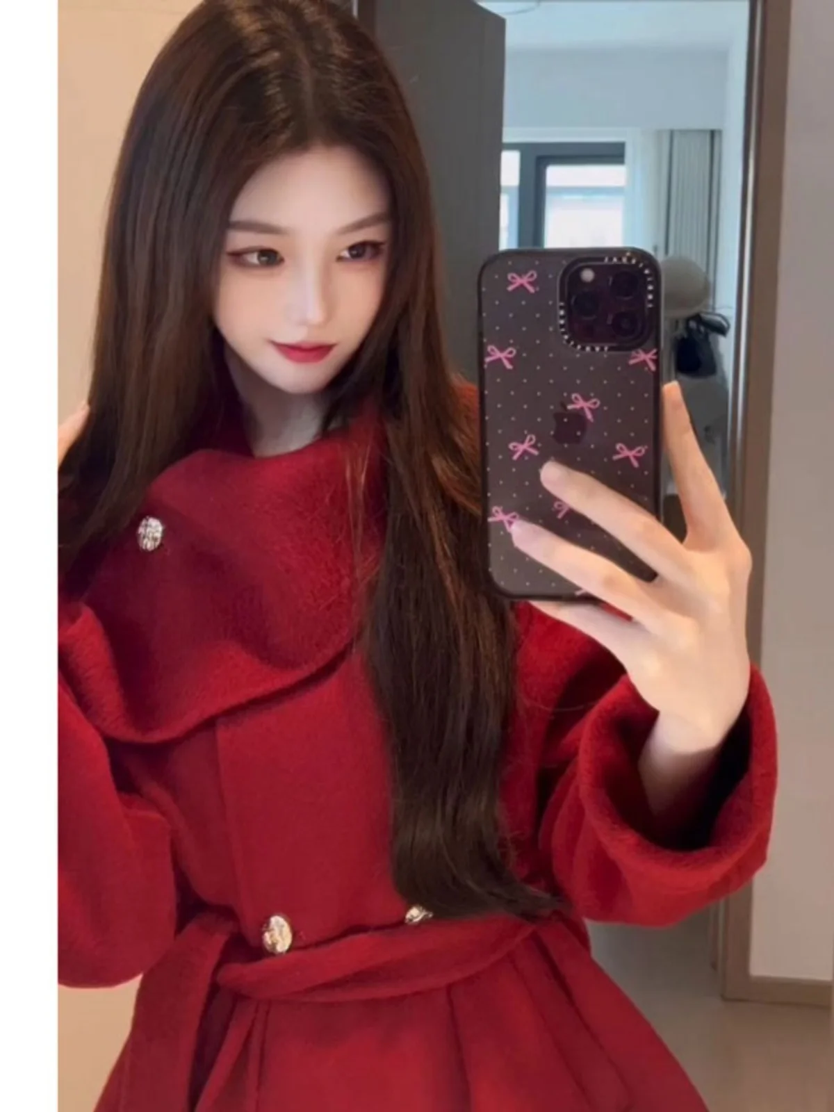 

Элегантное двустороннее шерстяное пальто красного цвета с поясом, средней длины, в модном корейском стиле, женская верхняя одежда от Chang Tong