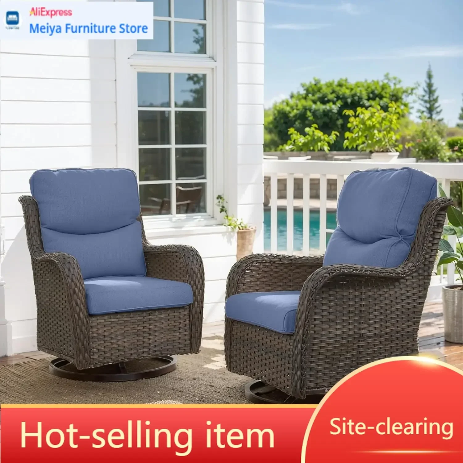 Set Of Two Swivel Rocker High Back Patio Chairs With Thick Cushions All Weather Wicker For Porch Poolside Deck Yard