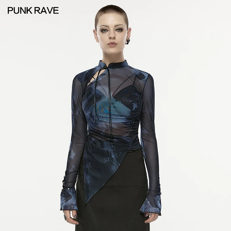 PUNK RAVE Women's Chinese Style Abstract Printed Long-sleeved T-shirt Punk Sexy Modified Cheongsam Collar Irregular Hem Tops