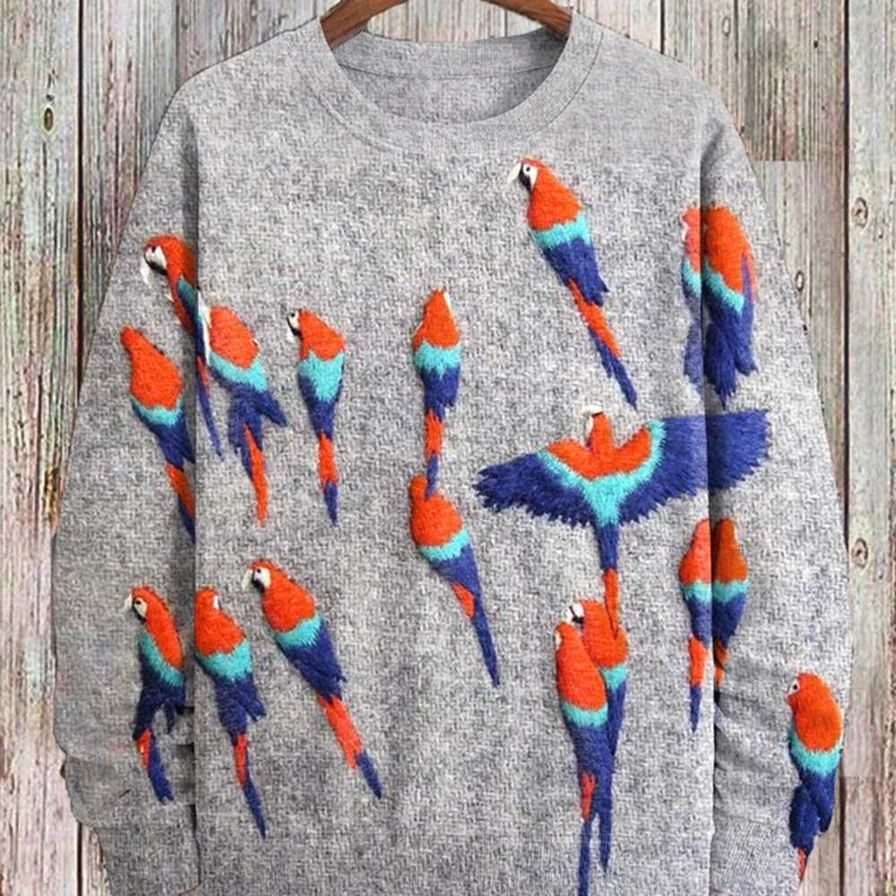 2024 Men's Casual Long Sleeve Tops Flying Parrot Bird Felt Embroidery Printed Sweatshirt Large Size Loose Casual Fashion Men's S