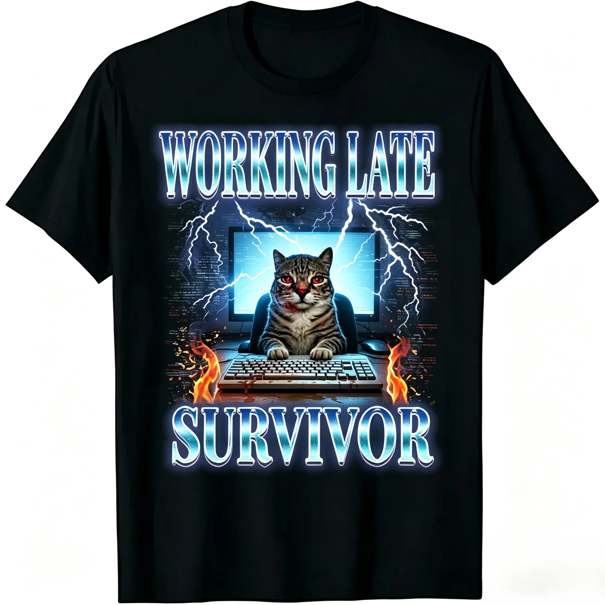 Unisex Men Women T‑Shirt Working Late Survivor Funny Tired Tabby Cat Working On Computer Lightning Fire Code Background Print Tees Casual Loose Short Sleeve Tops Streetwear Cotton Tshirt