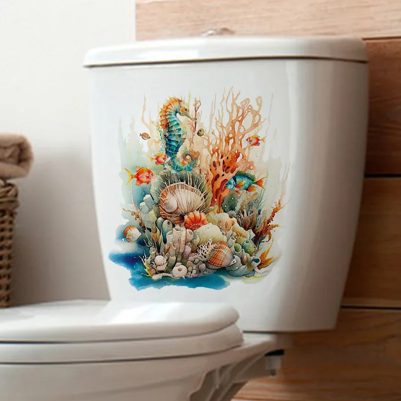 T743#Underwater World Wall Sticker Bathroom Toilet Decor Living Room Cabinet Home Decoration Decals Beautify Self Adhesive Mural