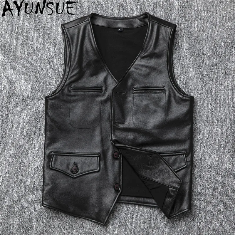 AYUNSUE Men's Leather Vest Top Layer Cowhide Short Slim Waistcoat Genuine Leather Coat Black Sleeveless Jacket Men Clothing 2026