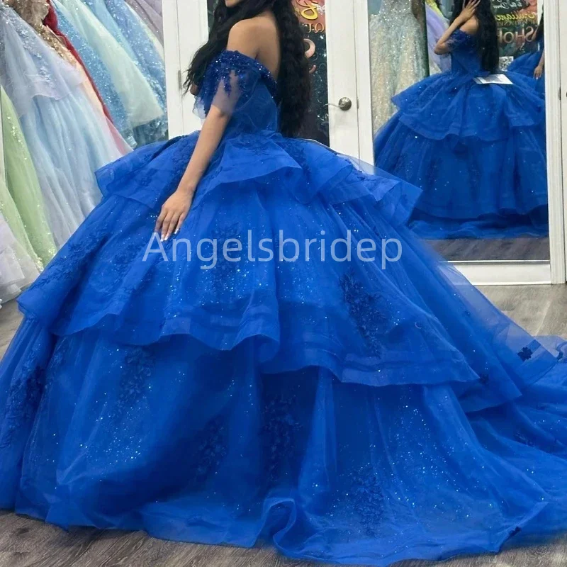 Angelsbridep ชุดเดรสเปิดไหล่ชุดไปงานเต้นรำสีน้ำเงินเข้มอายุ15ปีชุดฉลองวันเกิดปาร์ตี้งานพรอม