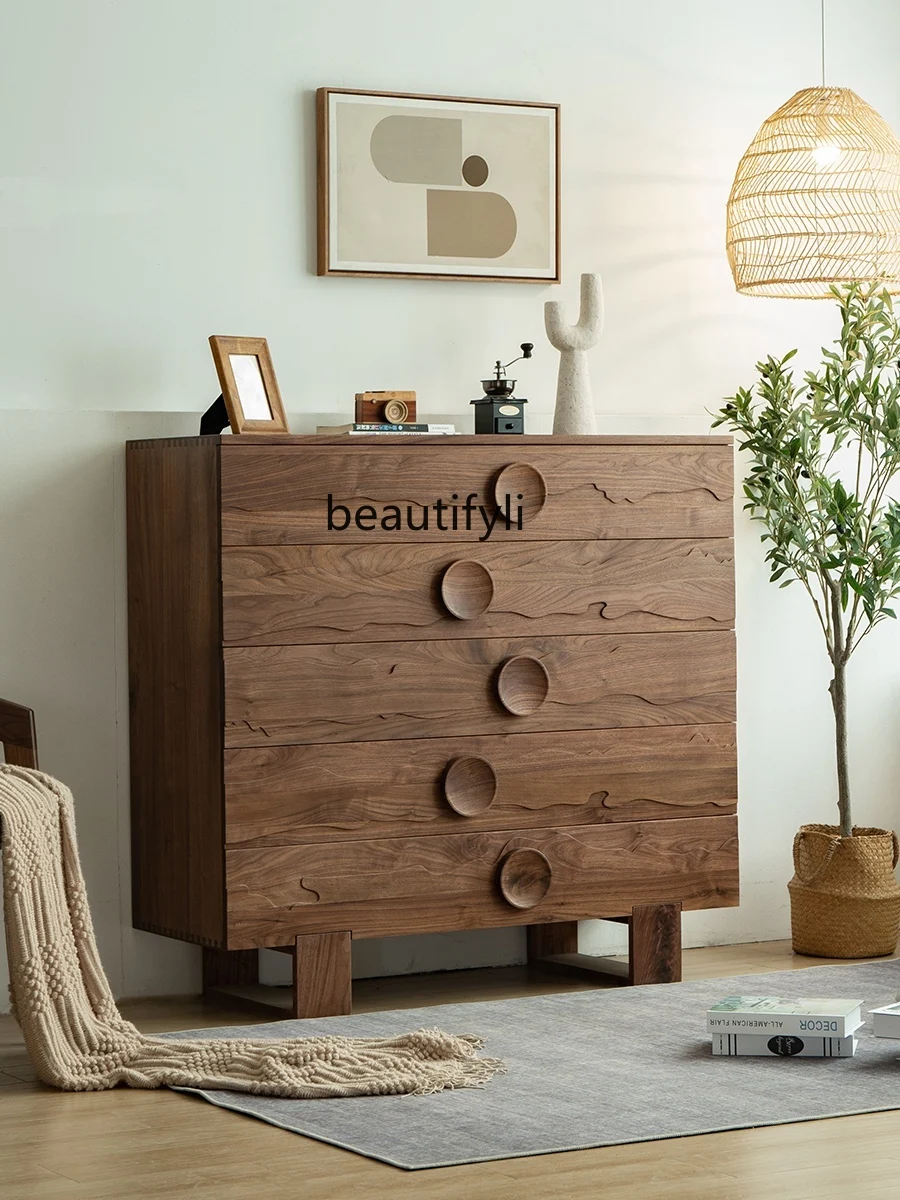 Nordic black walnut all solid wood small apartment storage side cabinet living room cherry wood