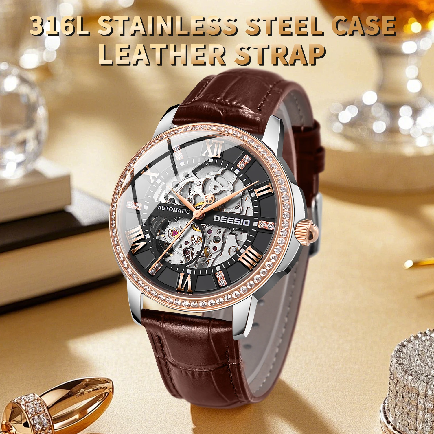 Deesio Women's Mechanical Watch,Hollow Roman Numeral Dial,Stainless Steel Case,Elegant Fashion Watch,Premium Luxury Women Gift