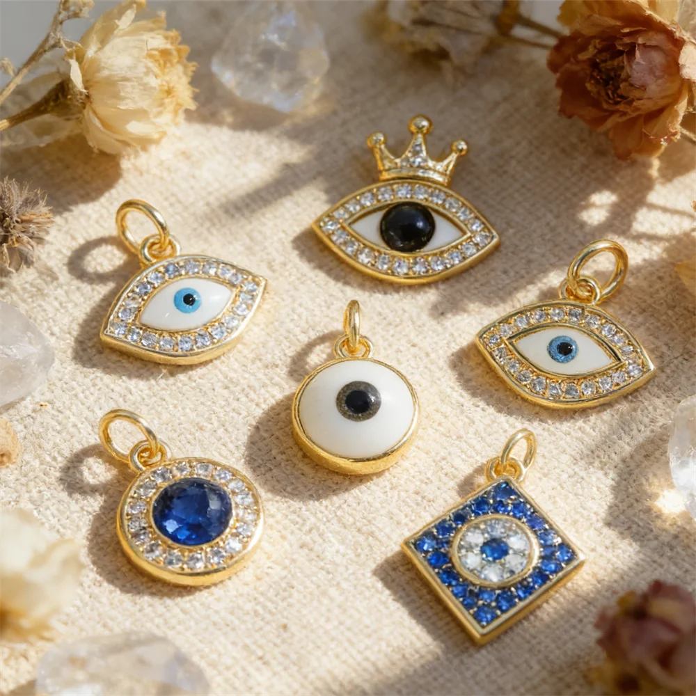 3Pcs Pendants Brass Enamel Cubic Zircon Evil Eye Charms Stylish Crown Decor Hollow Accessories for DIY Jewelry Necklace Bracelet