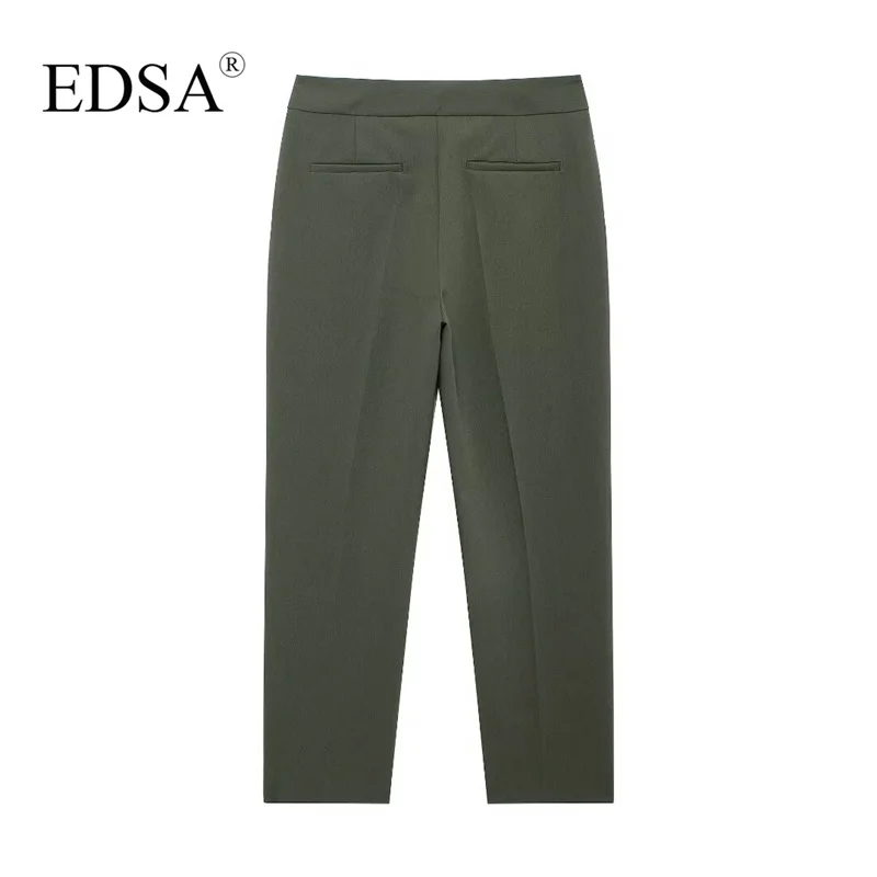 EDSA Women 2 Pcs Pants Set Double Breasted Blazer with Flap Pockets & High Waist Straight Trousers for Office Lady Solid Color