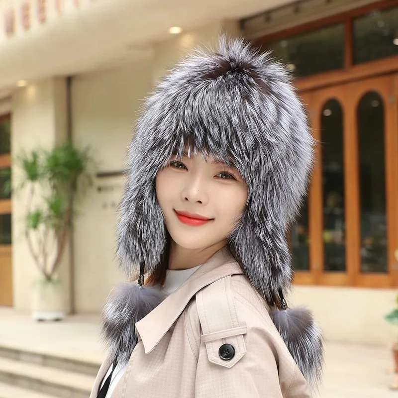 

2024 New Fox Fur Lei Feng Hat Women's Winter Thickened Warm Ear Protection Hat Showing Face Small Outdoor Ski Fur Hat