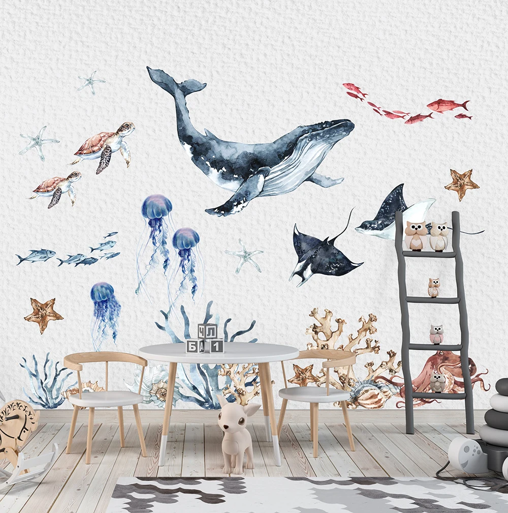 Watercolor Ocean Animal Wall Sticker Kids Room Nursery Turtle Octopus Whale Fish Wall Decal Bedroom Playroom Vinlyl Decor